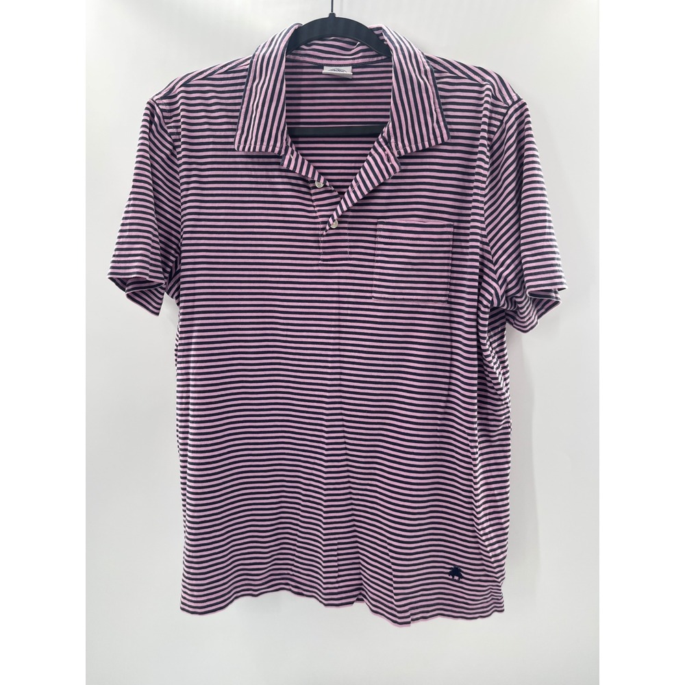 Brooks Brothers Mens Pink Navy Blue Striped Cotton Polo Shirt Large Pocket Logo
